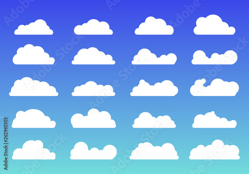 Set of white clouds Icons trendy flat style on blue background. Cloud symbol or logo, different for your web site design, logo, app, UI