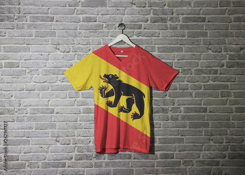 Bern flag on shirt and hanging on the wall with brick pattern wallpaper.