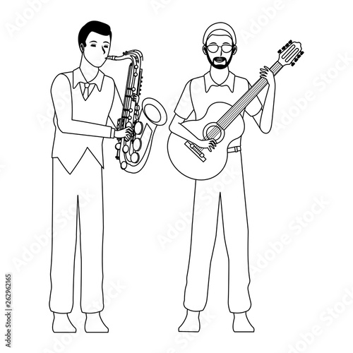 musician playing saxophone and guitar black and white