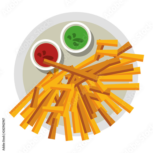 Frech fries and sauces on dish food
