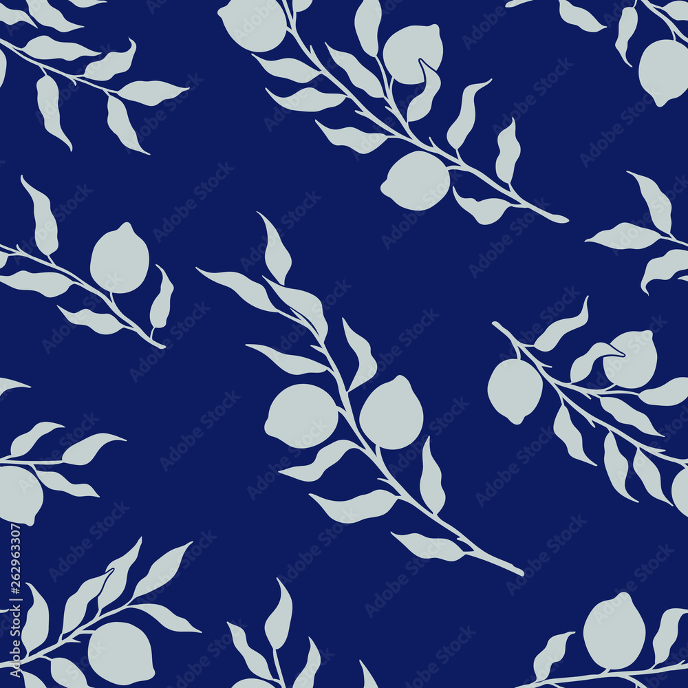Lemon tree leaves branch seamless pattern vector illustration blue silver vintage victorian botanical Lemon tree leaves branch seamless pattern vector illustration blue silver vintage victorian botanical