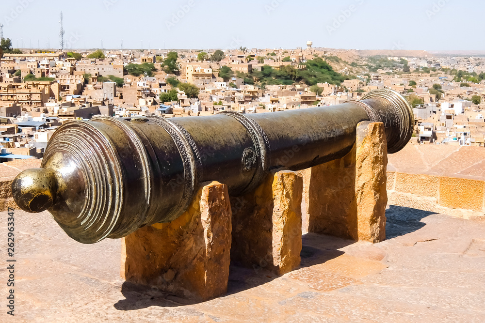 Jaisalmer, India. Ancient cannon in Jaisalmer Fort.