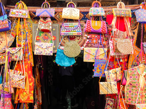 Jaisalmer, India. Beautiful bags for sale at the street shop.