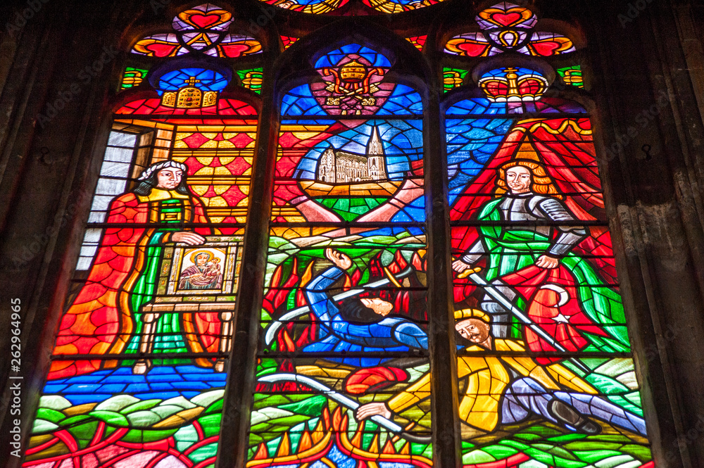 Vienna, Austria - 2 April 2019: stained glass window in famous Votiv Church (Votivkirche)
