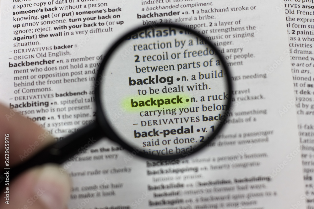 The word or phrase backpack in a dictionary. The word or phrase backpack in a dictionary.