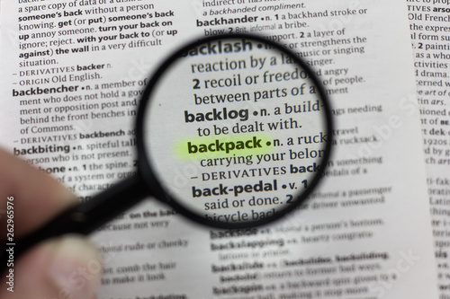The word or phrase backpack in a dictionary.