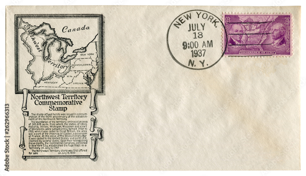 New York, The USA  - 13 Jul 1937: US historical envelope: cover with cachet Northwest Territory, postage stamp ordinance of 1787 Putnam - Cutler, postal cancellation