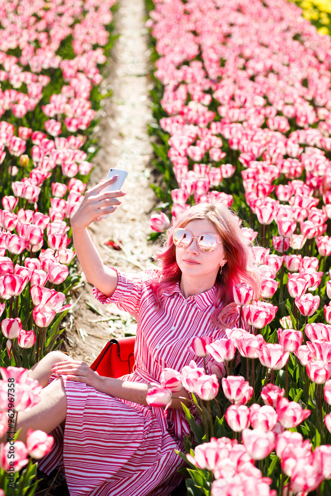 Fototapeta premium Young woman wear sunglasses make selfie in tulips flower field in sunny spring day