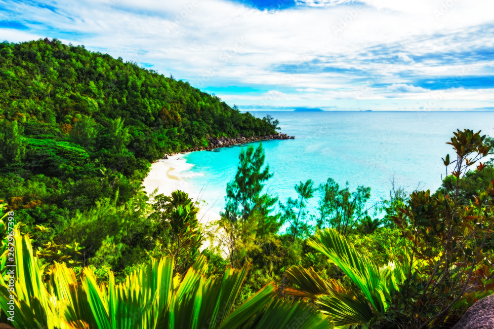 Panoramic overview to paradise beach anse georgette, praslin, seychelles 1