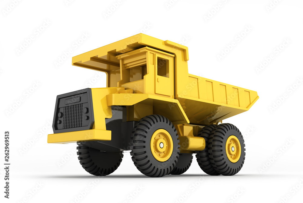 Yellow toy dump truck isolated on grey gradient background 3d render