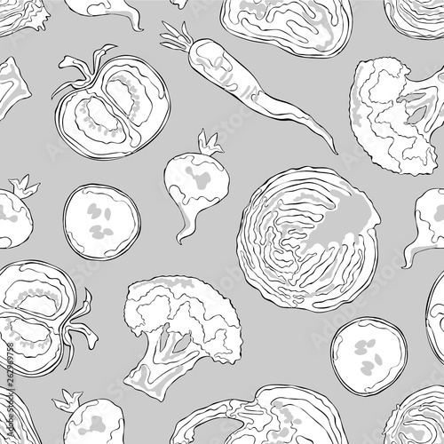 Vegetables: cabbage, tomato, cucumber, onion, broccoli, radishes, peppers, carrots. Seamless vector pattern (background).