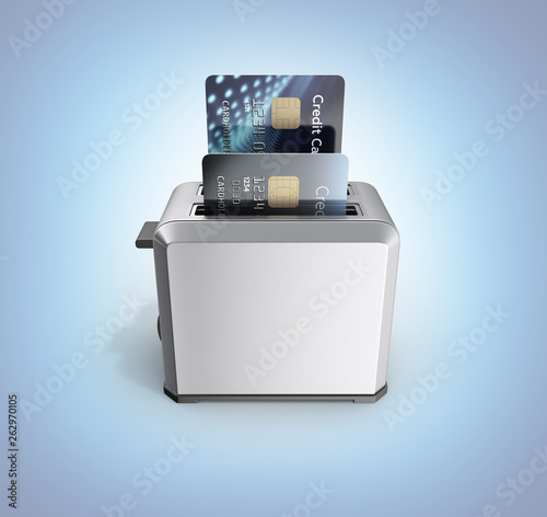 Modern concept of fast loans and payments Credit card in the toaster isolated on blue gradient background 3d render