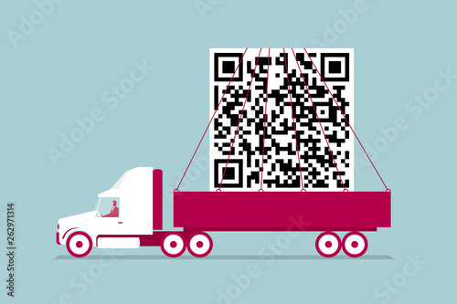 Transport the QR code using the truck. Isolated on blue background.