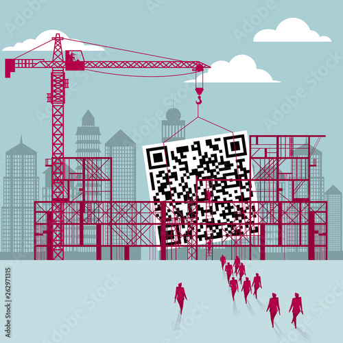 QR Code is under construction.A group of businessmen walked to the building site.