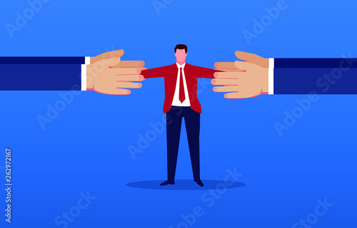 Fighting, two huge hands vying for a businessman