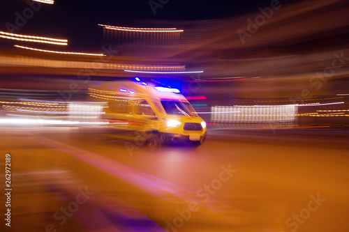 The car rushes on the highway at high speed Photo taken from the roadside ,Moscow, spring 2019, sky, ambulance, road 
