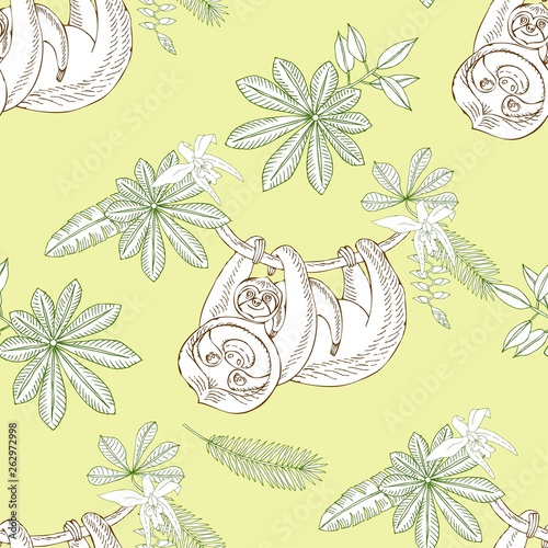 Seamless Pattern with Sloths in Jungle. Animal and Plants sketches. Hand Drawn Background 