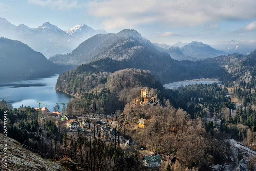 Famous Hohenschwangau Castle on a rugged hill above the village of Hohenschwangau near Fussen in southwest Bavaria, Germany