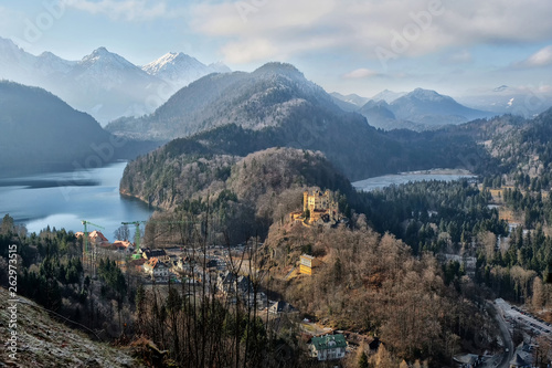 Famous Hohenschwangau Castle on a rugged hill above the village of Hohenschwangau near Fussen in southwest Bavaria, Germany