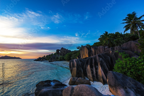 romantic sunset in paradise, anse source d'argent, la digue, seychelles 2