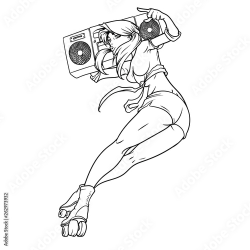 Young woman in shorts is riding on roller blades with boombox on her shoulder, high detail outline
