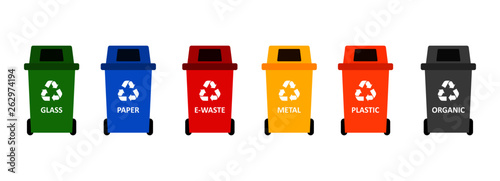recycle bins colorful symbol isolated on white background vector illustration. wheeled garbage bin and types of trash.