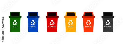 recycle bins colorful symbol isolated on white background vector illustration. wheeled garbage bin and types of trash.