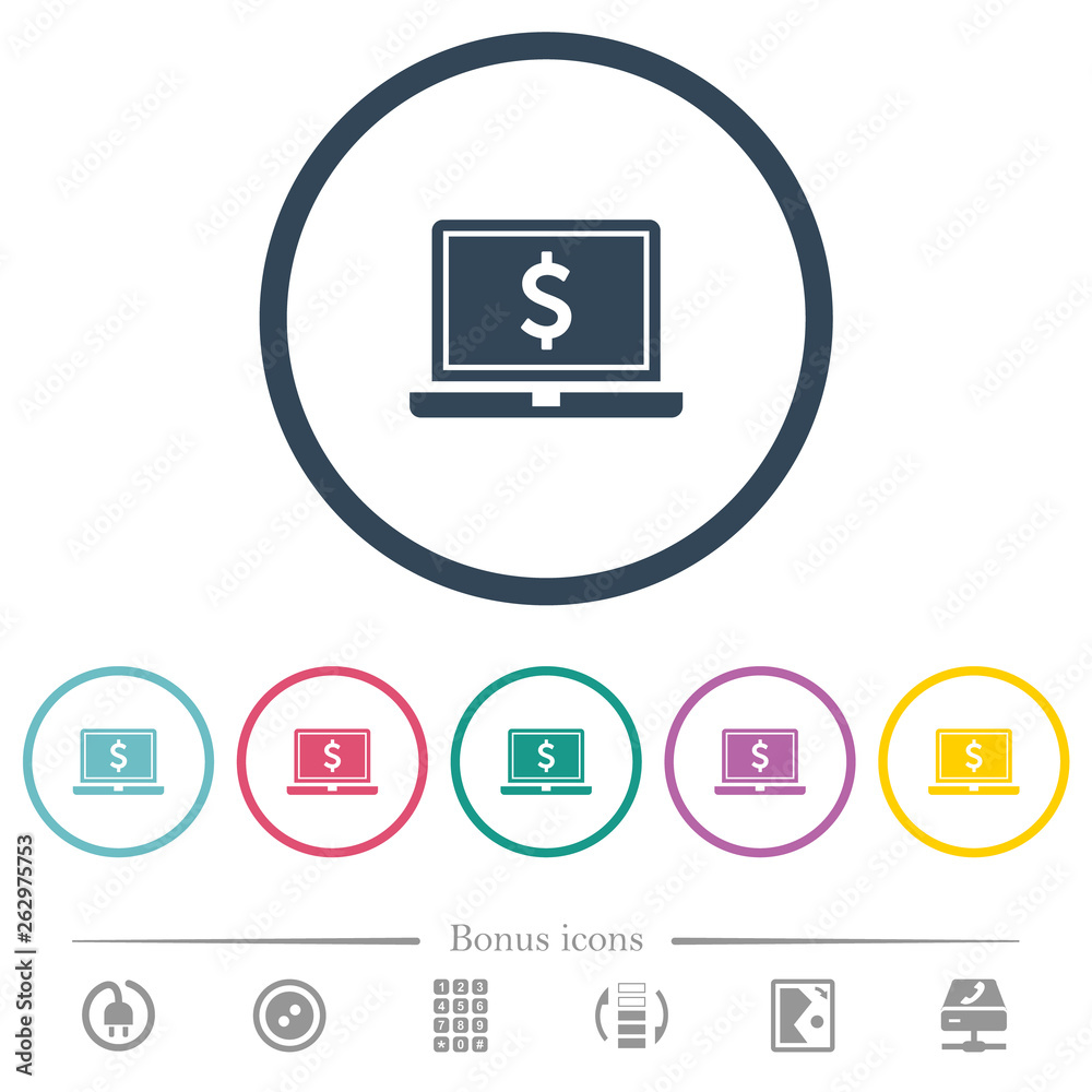 Laptop with Dollar sign flat color icons in round outlines