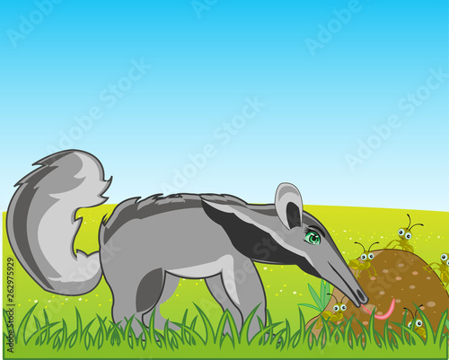 Animal anteater on glade eats ant in anthill