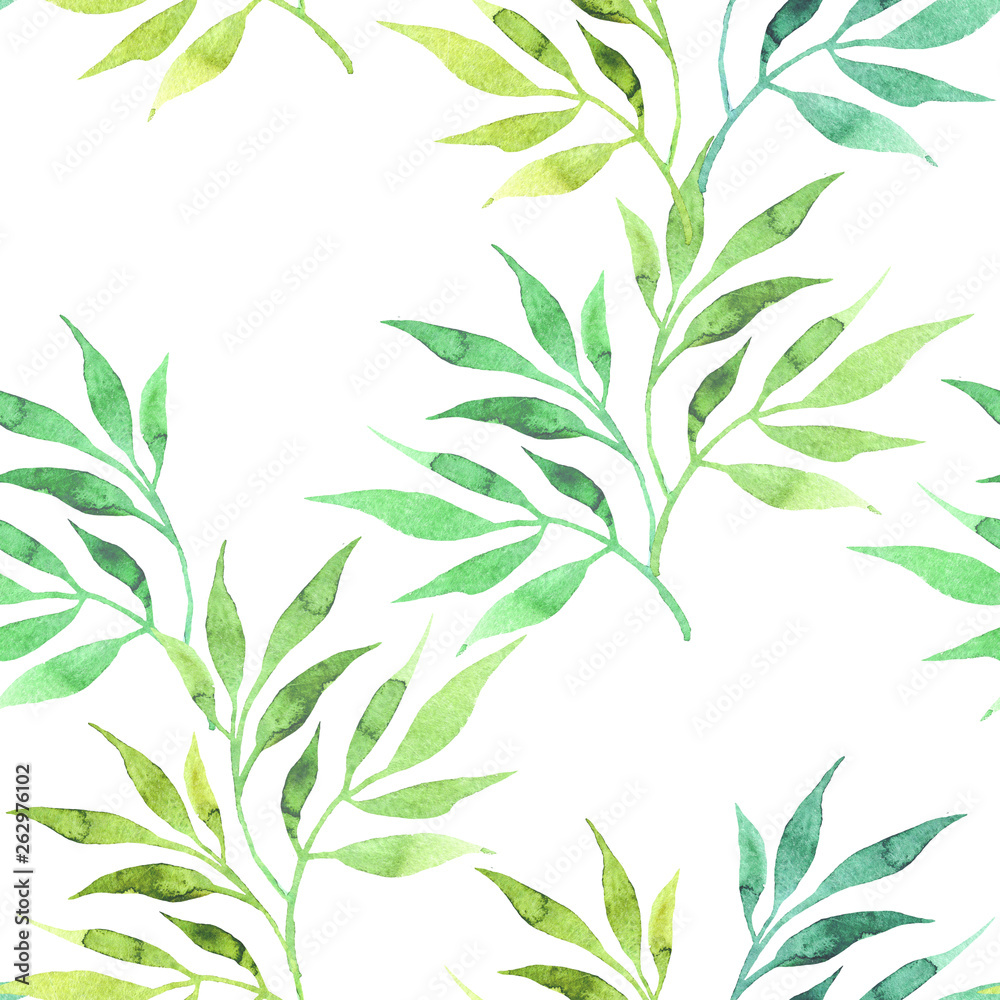 Fototapeta premium Spring seamless pattern with hand drawn watercolor leaves. Sweet floral background on white. For decoration, textil, paper and wallpaper.