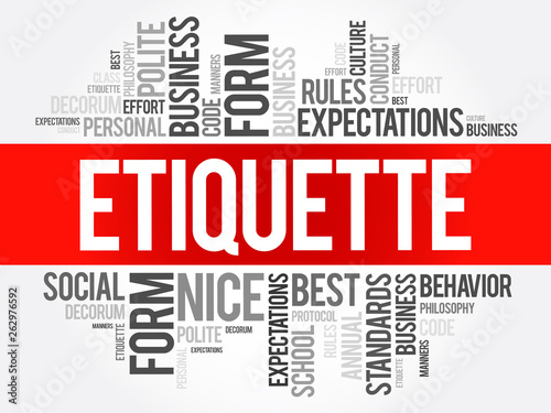 Etiquette word cloud collage, social business concept on blackboard