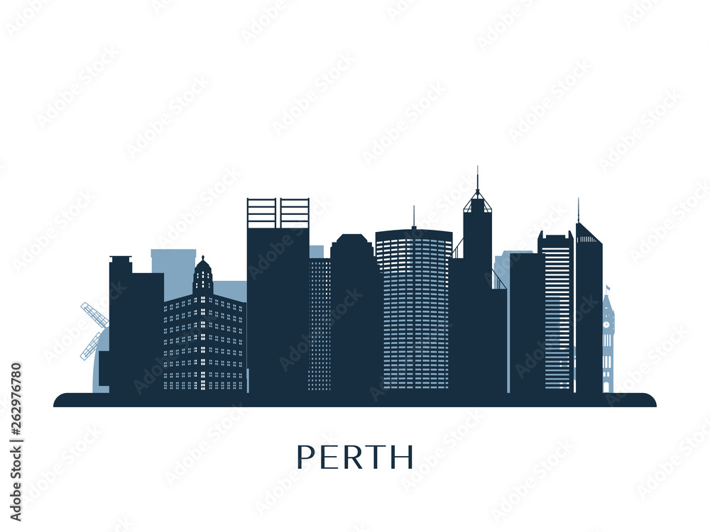 Perth skyline, monochrome silhouette. Vector illustration.