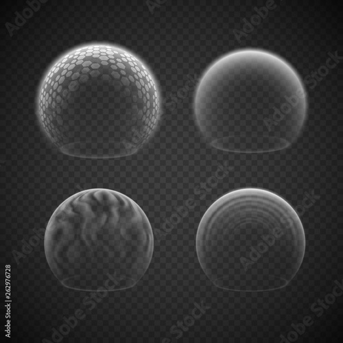 Force field set isolated on transparency grid, various energy or defense shields, deflector or force bubble, science fiction element or metaphor of absolute protection photo