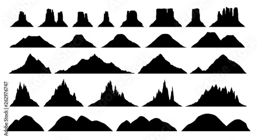 Silhouettes of different mountain types , big vector set, illustrations of plateau, hill, rock, highland, volcano silhouettes isolated on white photo