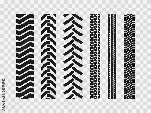 Heavy machinery tires track patterns, building of agricultural vehicles tires footprints,  industrial transport ground trace or marks textures as seamless loopable elements photo