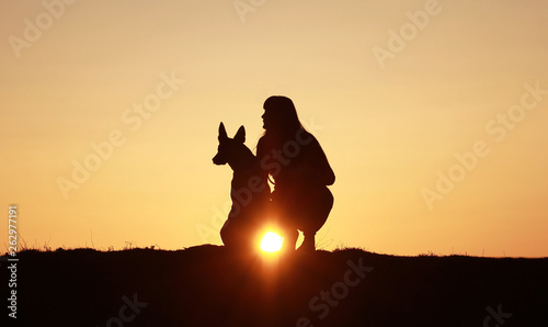 Photography Silhouette of a girl and a dog on the background of a beautiful sunset, a breed