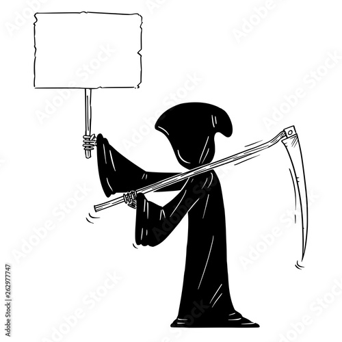 Cartoon stick figure drawing conceptual illustration of grim reaper with scythe and in black hood holding empty sign for your text.