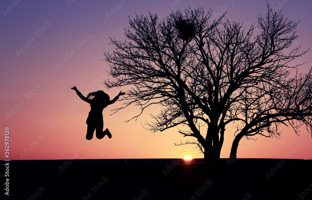Silhouette of a girl jumping on the background of a beautiful sunset