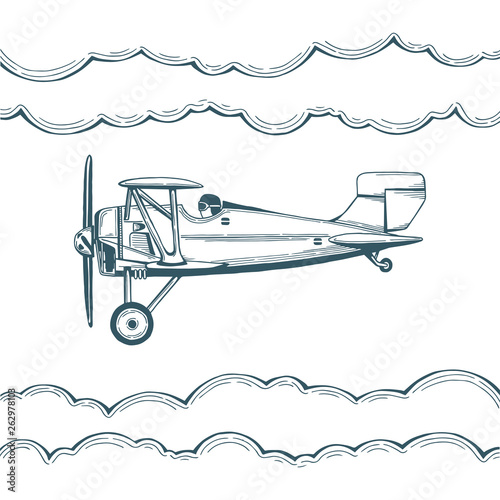 Airplane. Hand drawn biplane illustration with advertising banners. Aeroplane sketch drawing. Part of set.