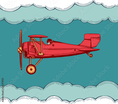 Airplane. Hand drawn biplane color vector illustration. Aeroplane sketch drawing. Part of set.