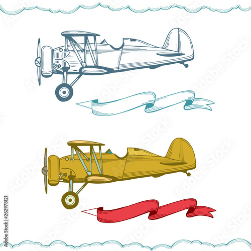 Airplane. Hand drawn biplane illustration with advertising banners. Aeroplane sketch drawing. Part of set.