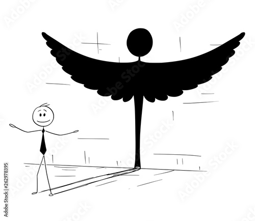 Cartoon stick figure drawing conceptual illustration of good businessman or politician casting shadow in shape of angel.