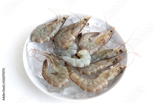 fresh shrimp and ice isolated on white background