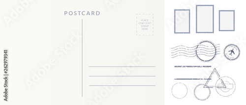 Postal elements set: empty postcard back, postage stamps and cancel marks imprints.