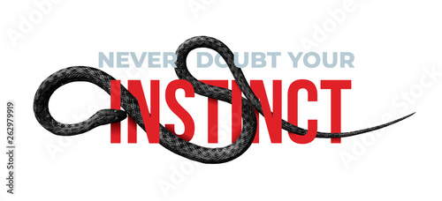 Never doubt your Instinct. Slogan with black snake design. Vector Illustration. Isolated on white background.