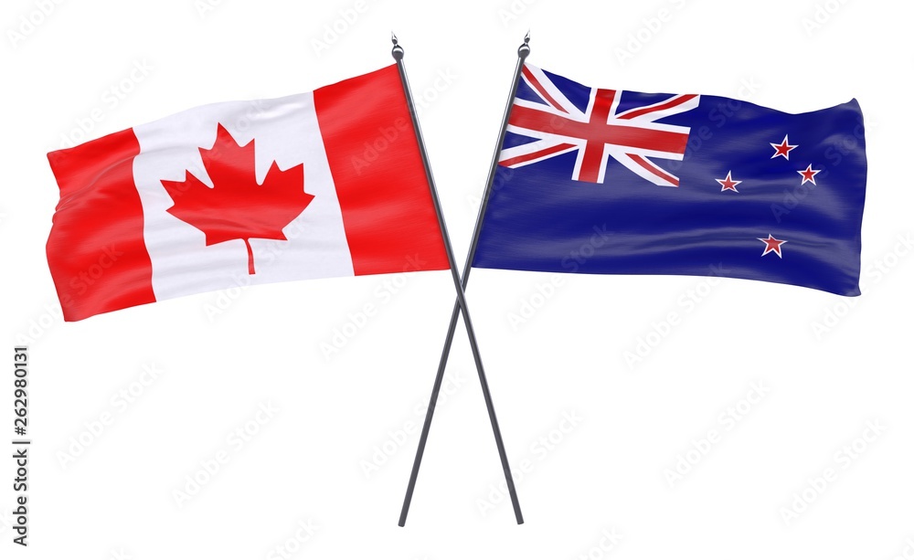 Canada and New Zealand, two crossed flags isolated on white background. 3d image