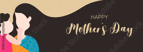 Happy Mother's Day celebration header or banner design with illustration of mother loving her child.