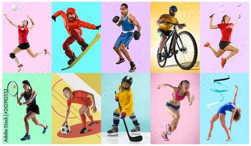 Sport collage about athletes or players. The tennis  running  badminton  rhythmic gymnastics  volleyball.