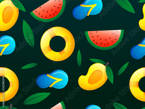 Green seamless background decorated with fruits, lifebuoys and slippers for Summer holiday celebration concept.