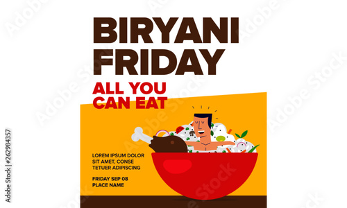 Man taking bath in biryani bowl. Man sitting inside a biryani bowl. Biryani Ad Template.